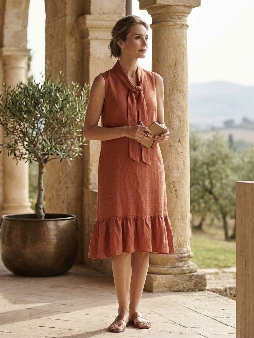 Stella Martini I Sleeveless 100% Linen Pink-Rust Dress with Ruffle Hem
